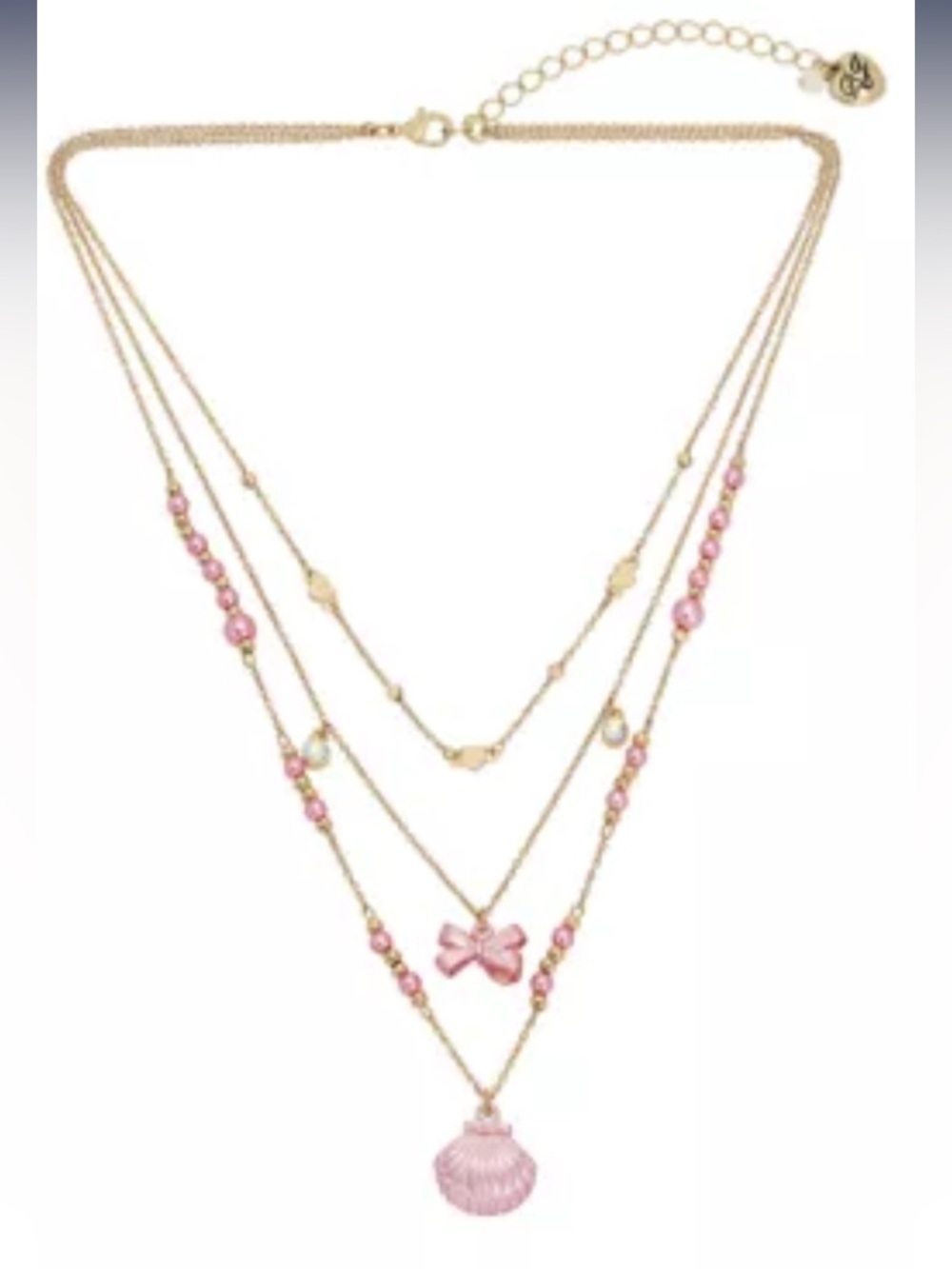 BETSEY JOHNSON Mermaid Jewels Three Layer Metallic Pink Shell & Bow Necklace NWT